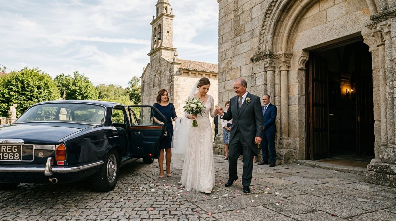 Novios y acompañantes subiendo al taxi entre la ceremonia y el banquete en Pontevedra
