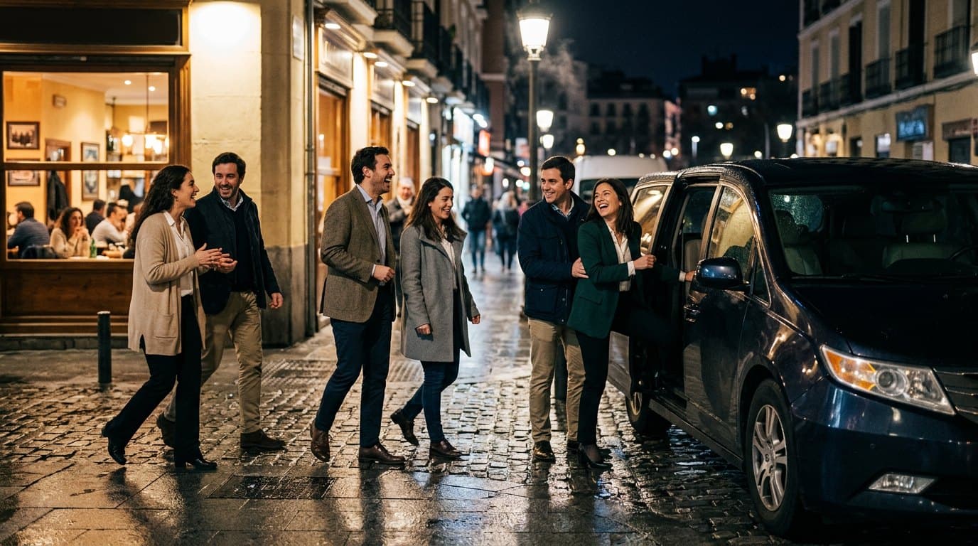Equipo de trabajo saliendo de una cena de empresa hacia el taxi en Pontevedra