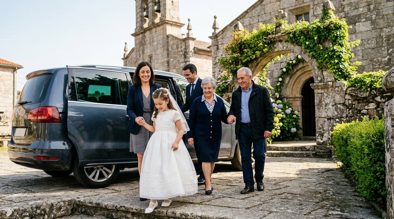 Familia llegando en taxi a una comunión en Pontevedra
