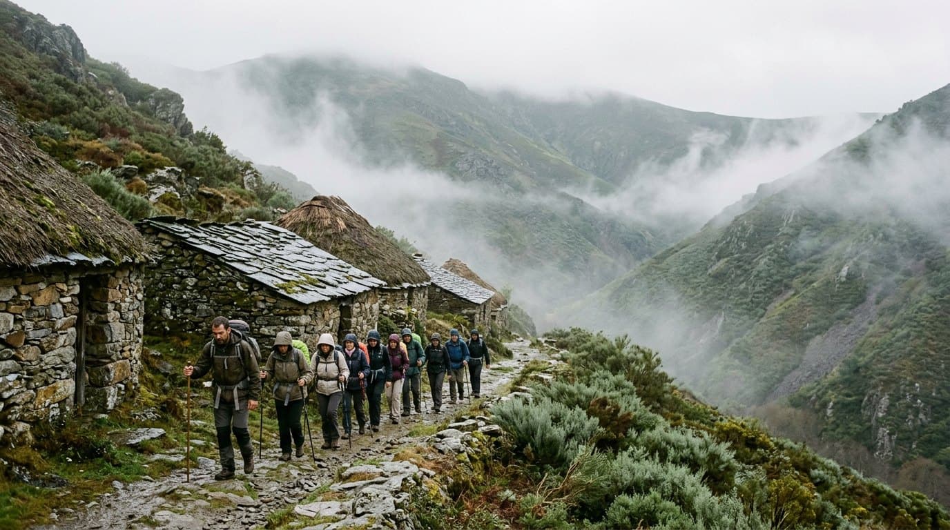 Peregrinos en el Camino Francés a su paso por O Cebreiro rumbo a Galicia