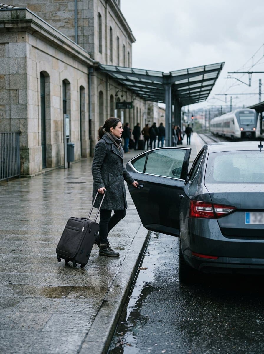 Taxi esperando a un viajero en la estación de tren de Pontevedra