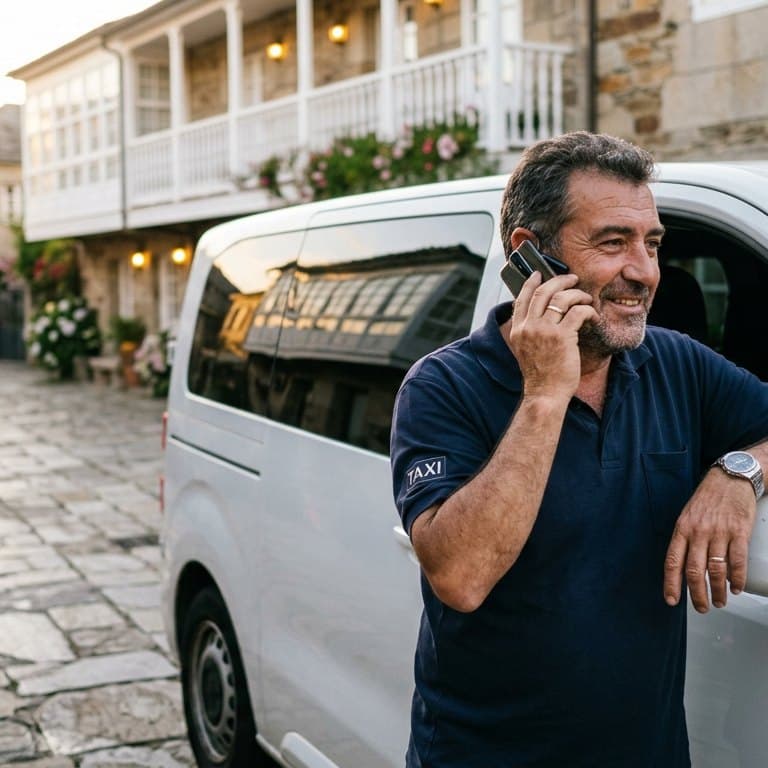 Taxista de VTC Taxi atendiendo una llamada junto a su vehículo en Lalín, Pontevedra